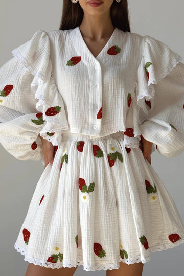 Woochic robe à manches longues volantée imprimée deux-pièces blanc S